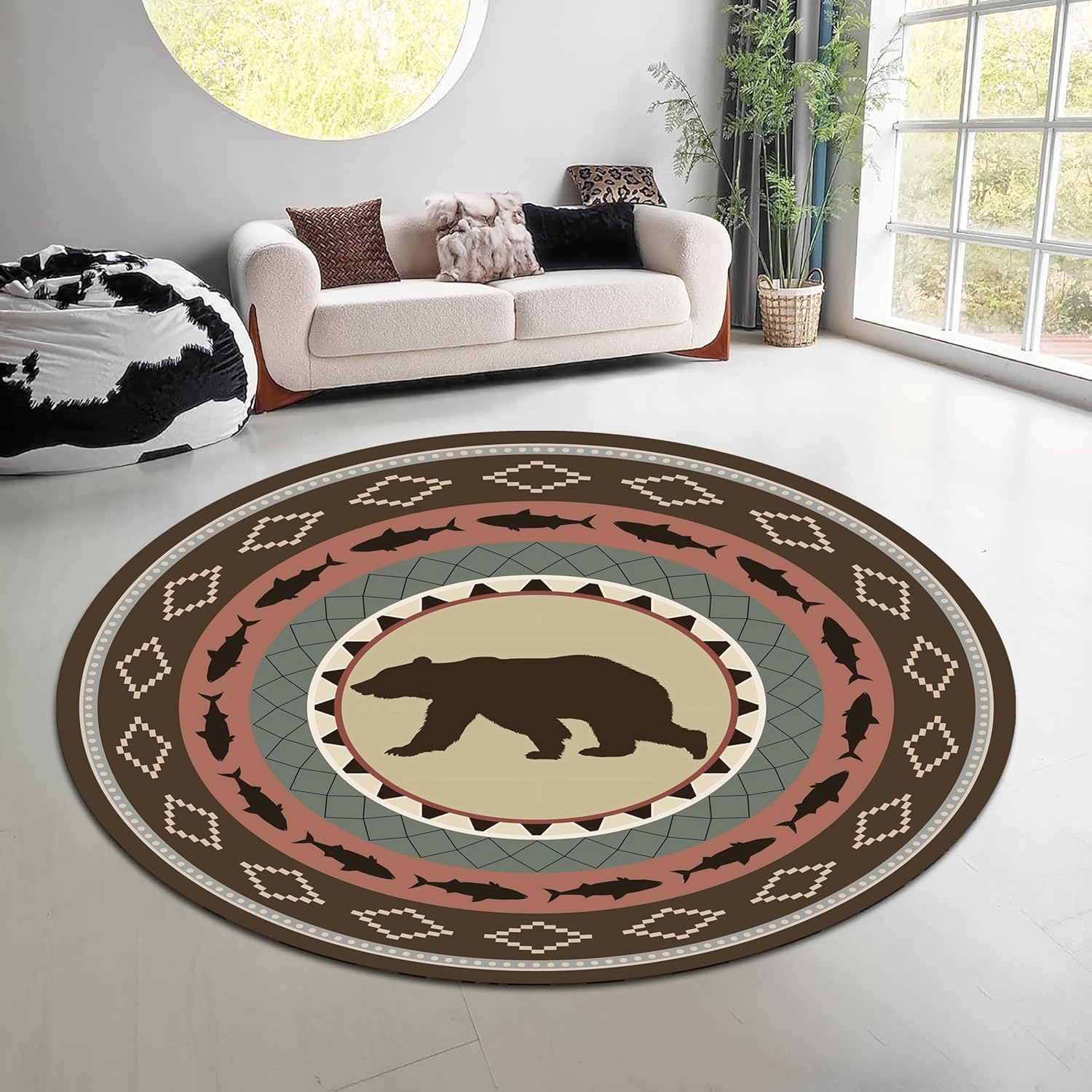 Hunting Outdoor Rug - Tapis rond vintage motif forêt naturelle,